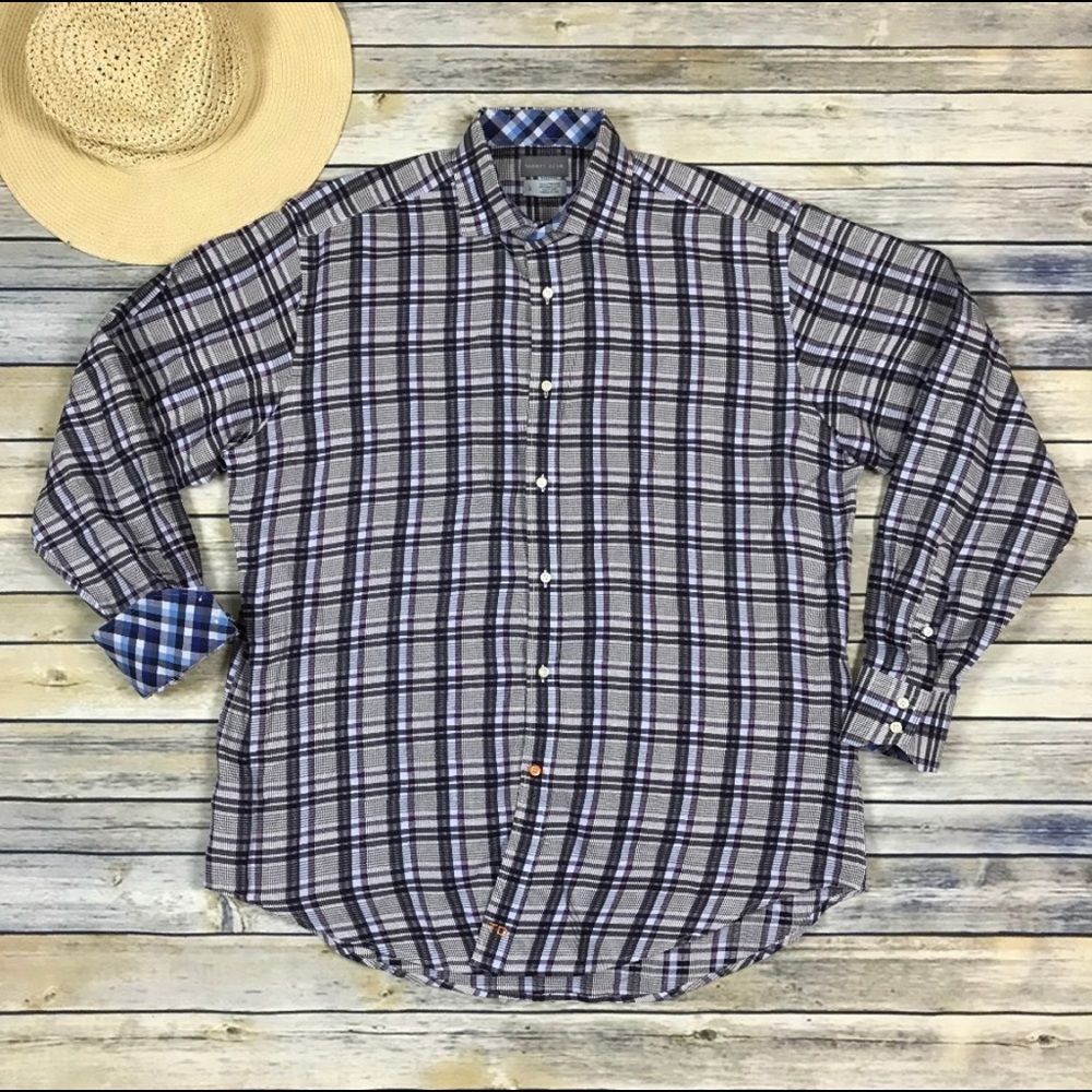 Thomas Dean‎ Shirt Longsleeve Button Down Plaid Flip Cuff Office 100% Cotton